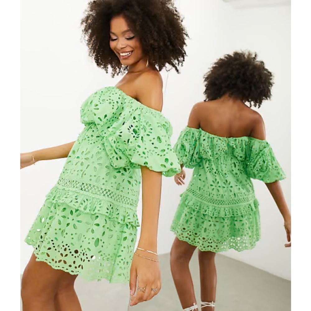 ASOS Edition Blouson Off Shoulder Tiered Broderie Green Mini Dress
